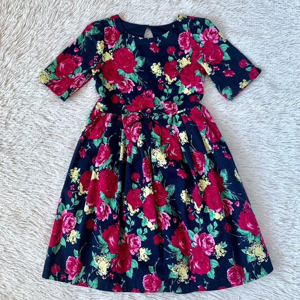 Janie and Jack Navy and Magenta Pink Floral Open Back Dress•EUC